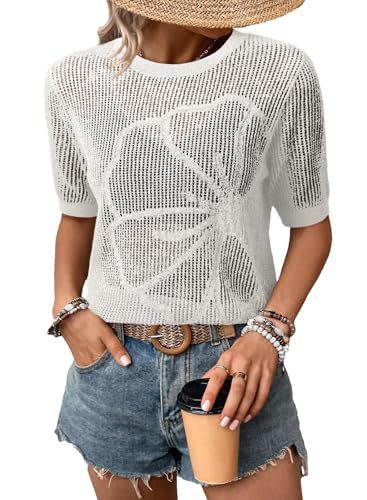 Top de punto de manga corta con cuello redondo de verano para mujer