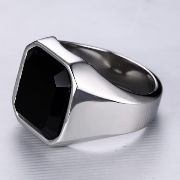 Anillo de ágata negra de acero inoxidable para hombre