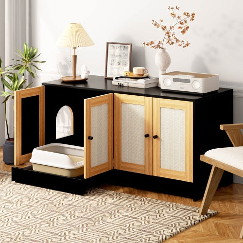 Recinto para arenero doble, para 2 gatos, mueble oculto con puertas de ratán, 121 cm de largo x 59 cm de ancho x 55 cm de alto, color negro