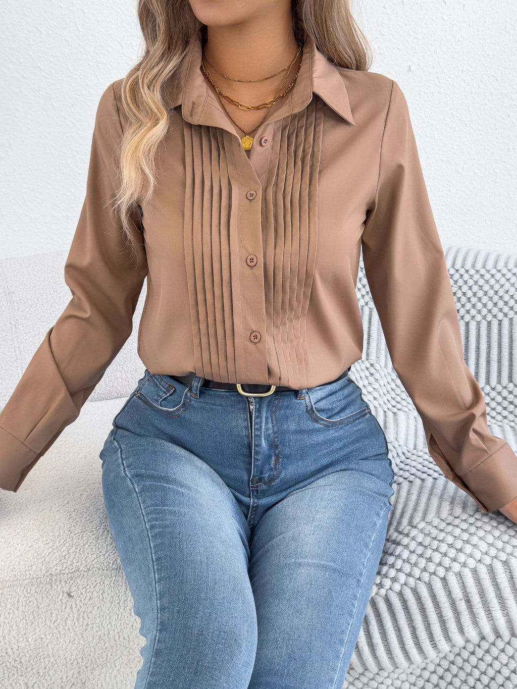 Women's Elegant Crinkled Solid Color Button Long Sleeve Office Shirt