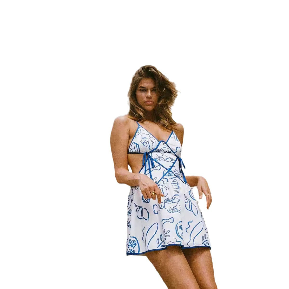 Vestido de verano sexy con falda y estampado floral, sin espalda y tirantes finos