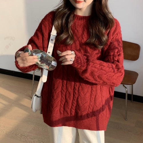 Suéter rojo de punto trenzado para mujer para otoño-invierno
