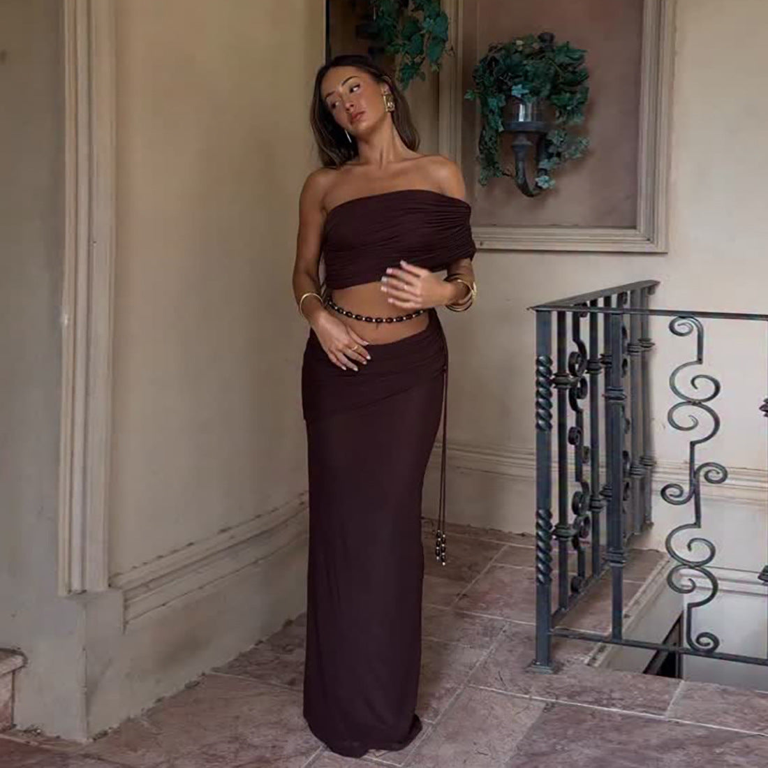 Sexy Pleated Midriff-Baring Tank Top And Skirt Set