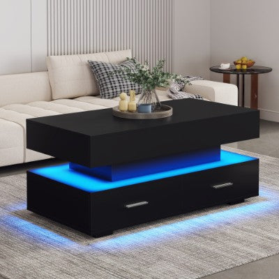 Mesa de centro con elevación hidráulica, mesas de centro LED con almacenamiento para sala de estar, mesa de centro con 2 cajones y luz LED para comedor y sala de recepción, color negro