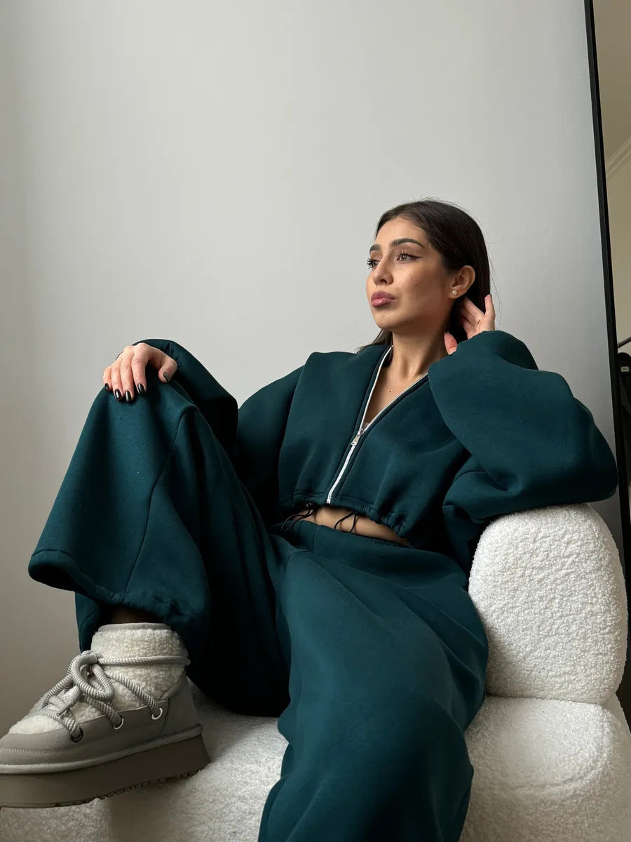 Conjunto informal para mujer: cárdigan de manga larga con cremallera y sudadera con capucha