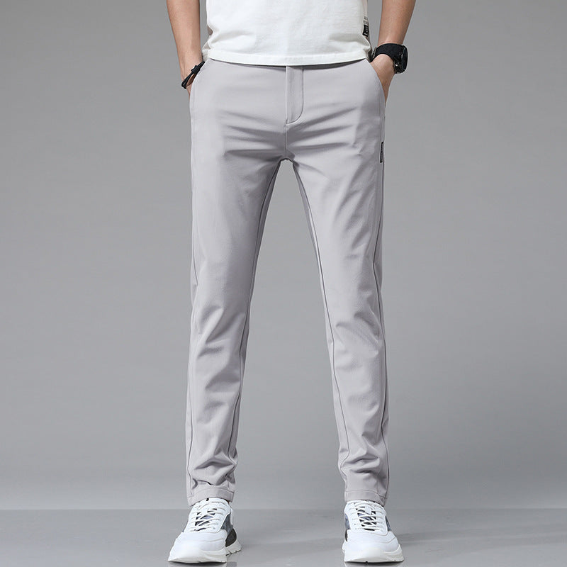 Pantalones casuales de seda de hielo para hombre, con cintura elástica y forro polar, para otoño