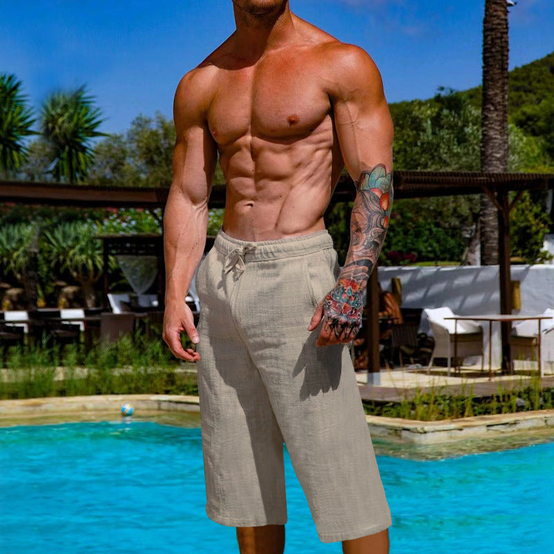 Loose Linen Cotton Breathable Cropped Pants For Men's Sports And Casual Wear