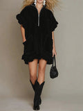 Short-sleeve Double-pocket Dress With Zipper And Ruffled Hem, A-line Womens Outfit