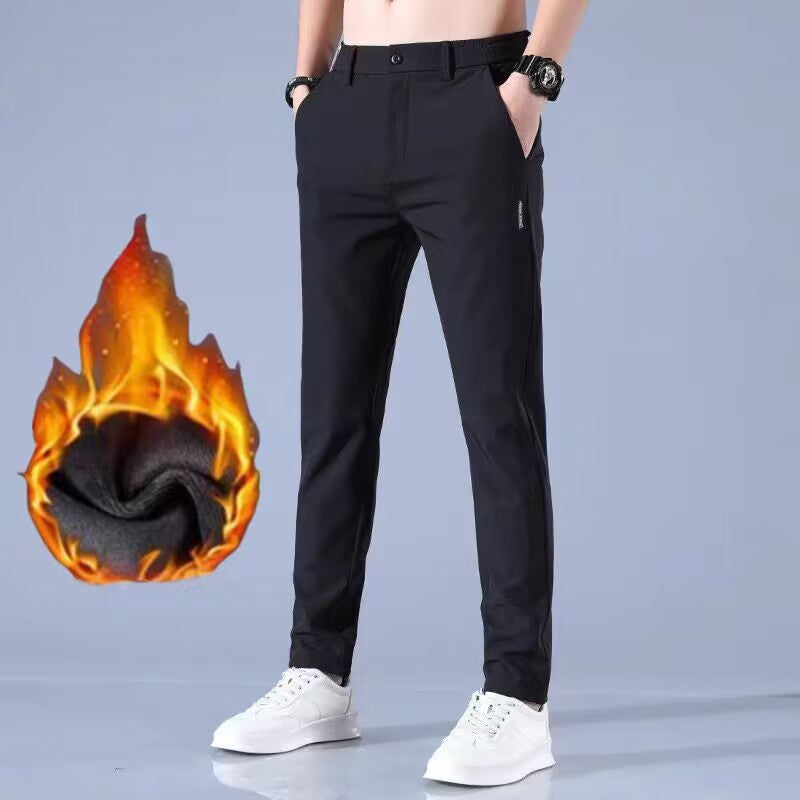 Pantalones casuales de seda de hielo para hombre, con cintura elástica y forro polar, para otoño