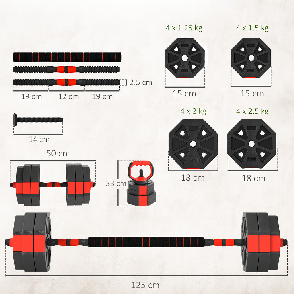 SPORTNOW 4-in-1 Adjustable Weight Dumbbells Set, Used As Kettlebell, Barbell, Dumbbell, Push-Up Stand, 30kg Free Weights Set For Men And Women Home Gym Training, Red