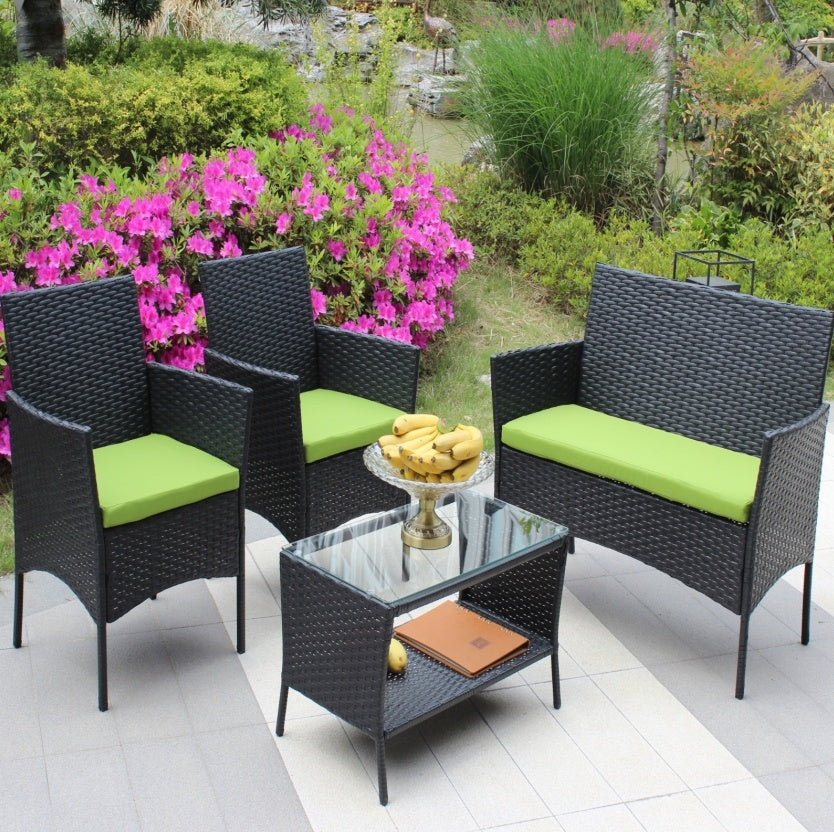 Juego de 4 muebles de ratán para patio, sofá de mimbre para exterior con cojines verdes