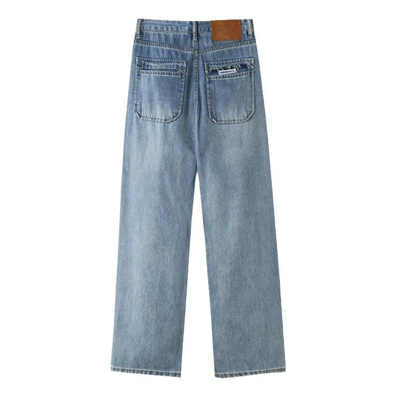 Retro Blue Wide Leg Jeans Women's Spring And Autumn High Waist Loose