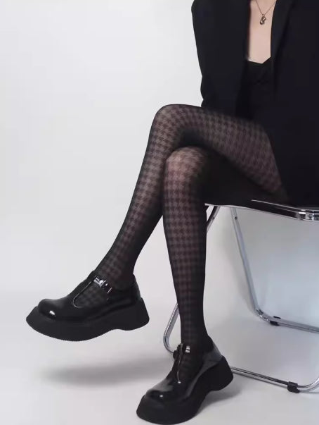 Medias de rejilla negras sexys, ultrafinas y favorecedoras con diseño de pata de gallo