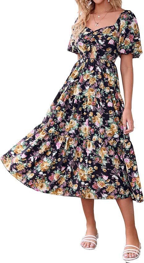 Floral Pleated Puff Sleeve Dress