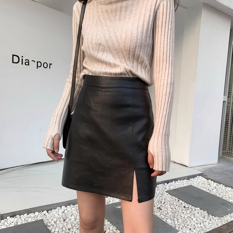 Falda de cuero sintético para mujer, sexy, ajustada, de cintura alta, para otoño e invierno