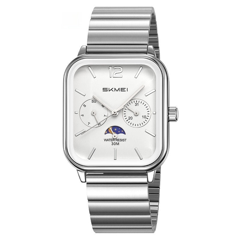 Elegante reloj cuadrado multifuncional con indicador de fase lunar de seis manecillas, diseñado para negocios y resistente al agua.