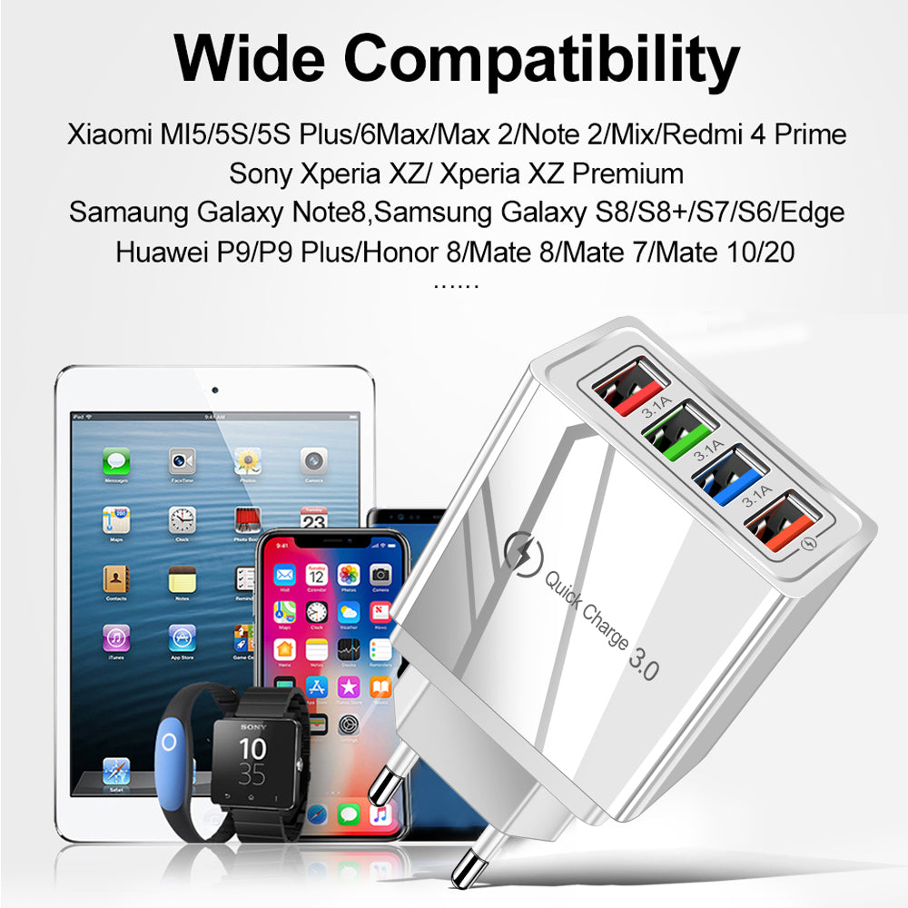 Cargador USB de carga rápida 3.0 para 4 teléfonos, adaptador para tableta, cargador de pared portátil, cargador rápido para móvil.