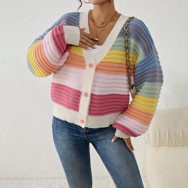 V Neck Sweater Knitted Top With Rainbow Stripes And Single Breasted Buttons Womens Outerwear