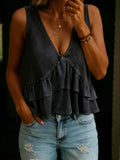 Spring/Summer Womens Solid-Colored V-Neck Ruffled Sleeveless Top Vest