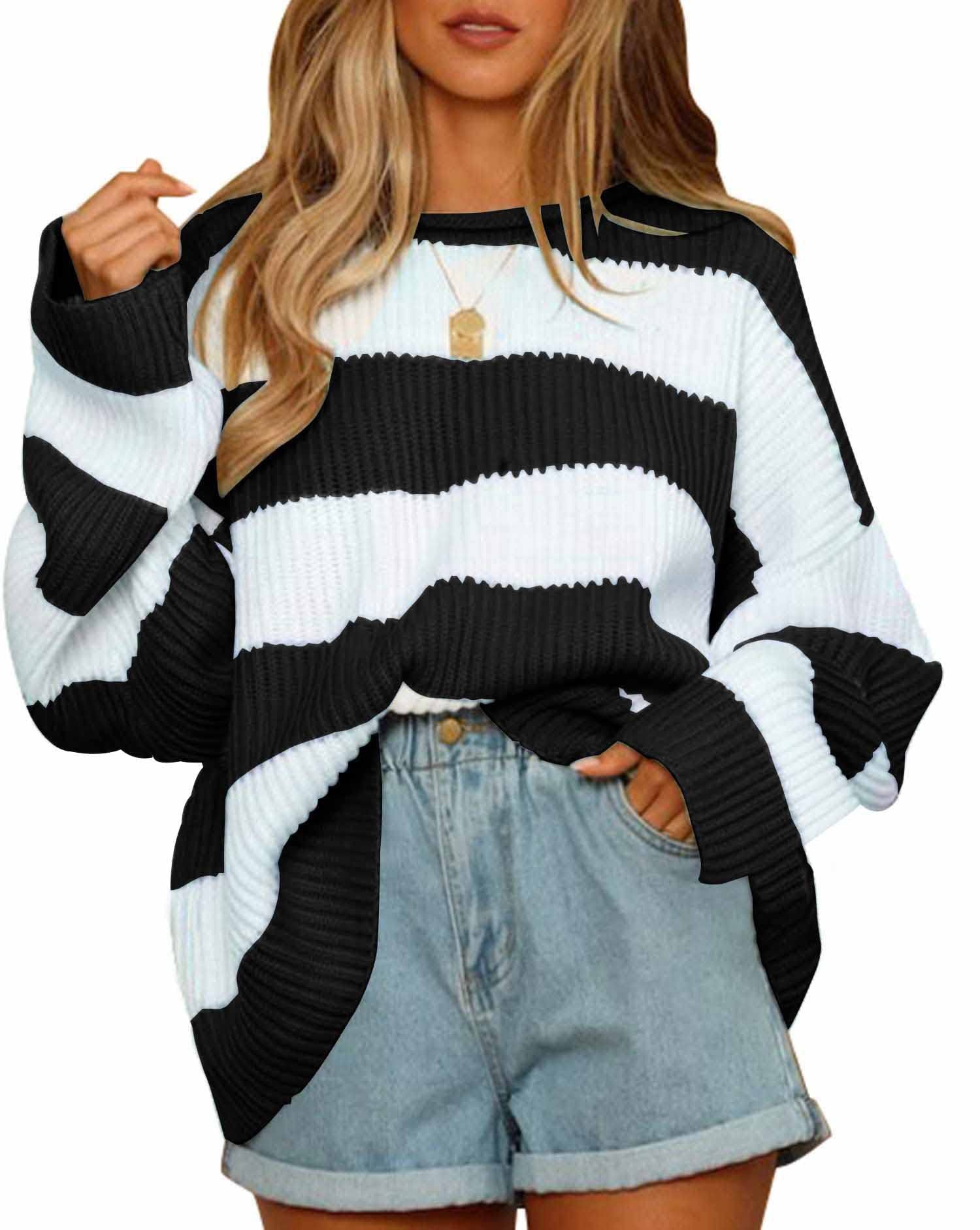 FallWinter Crew-Neck Long Colorblock Striped Knit Sweater