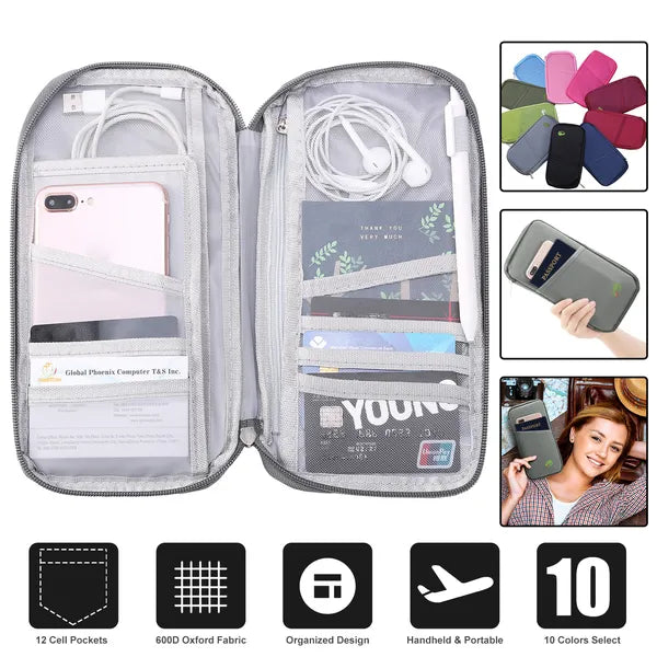 Cartera para pasaporte de viaje, 12 compartimentos, porta billetes, identificación, tarjetas de crédito, documentos impermeables, organizador de teléfono.