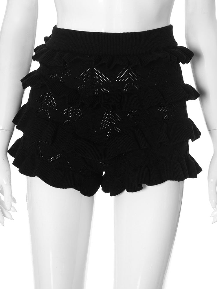 Sexy Solid-Colored High-Waisted Knitted Multi-Layer Ruffle-Trimmed Shorts