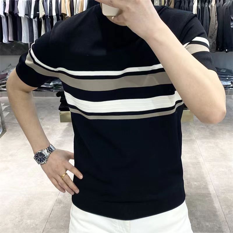 High-end Striped Printed Mens Short-sleeve Shirt