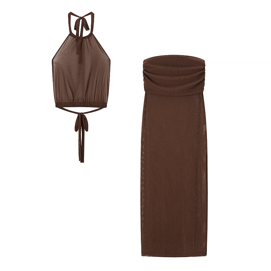 Conjunto de top sin mangas con abertura en el abdomen y vestido largo ajustado para mujer