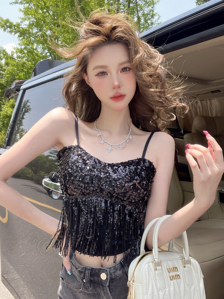 Sexy Tassel Patchwork Sequin Tube Top Women