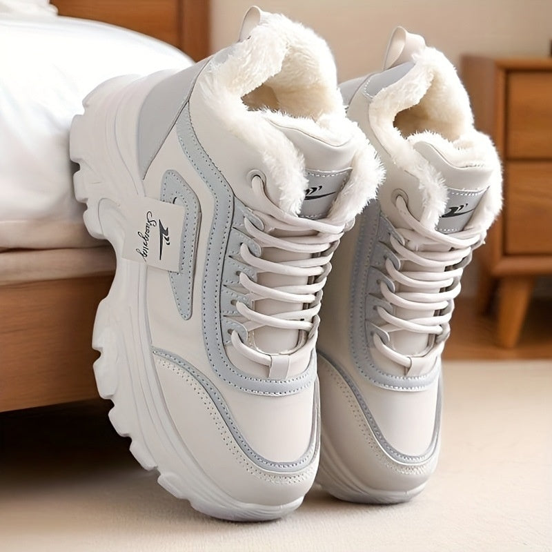 Zapatos deportivos de caña alta, informales y cálidos de algodón con forro polar para mujer