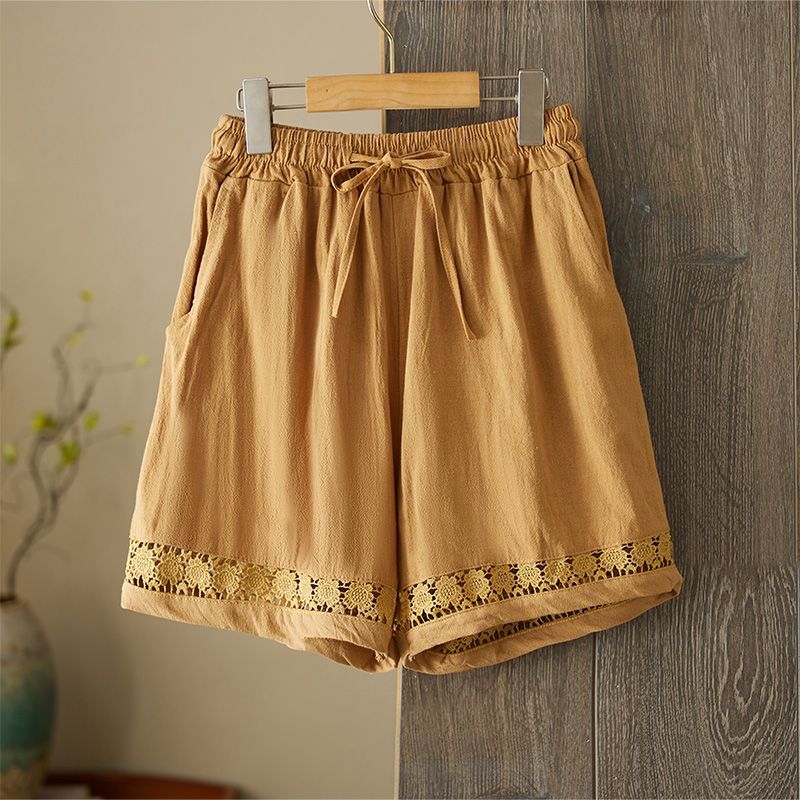 Retro Artistic Hollowed-Out Lace Trim Shorts Womens Casual Wide-Leg Pants