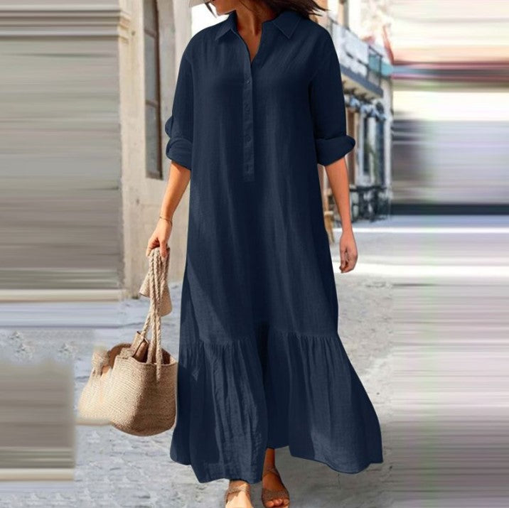 Vestido largo asimétrico de lino y algodón con cuello camisero y botones retorcidos