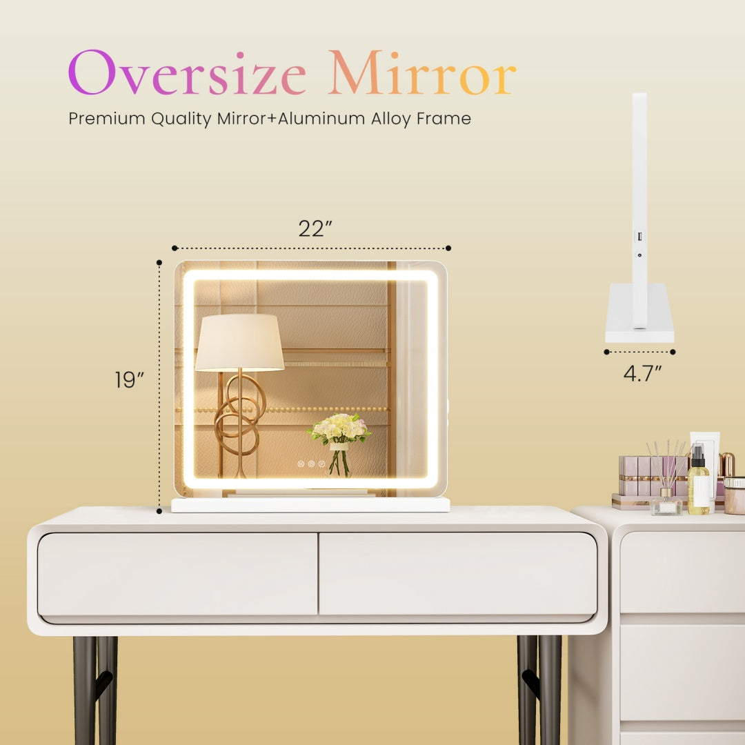 Espejo de tocador con luces LED, espejo de maquillaje con 3 modos de color regulables, control táctil, espejo de tocador de escritorio cuadrado blanco.