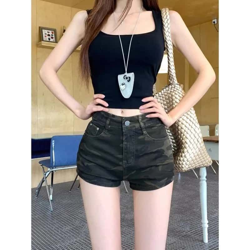 Shorts vaqueros de camuflaje de cintura alta para mujer con un sexy estilo americano