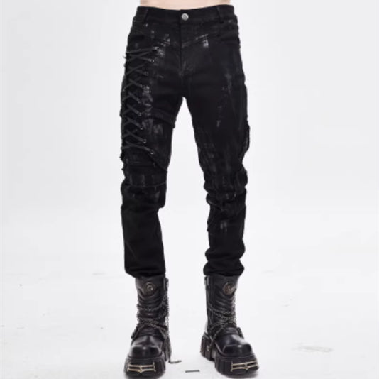 Pantalones Punk Mecha para hombre, pantalones casuales ajustados con aspecto de mezclilla desgastada lavada.