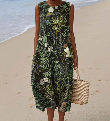 Vestido informal estampado sin mangas con bolsillos y un toque sofisticado