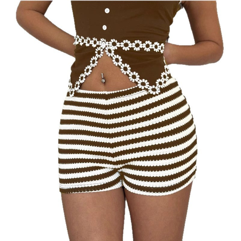 Pantalones cortos de mujer de cintura baja, elásticos y con rayas de moda
