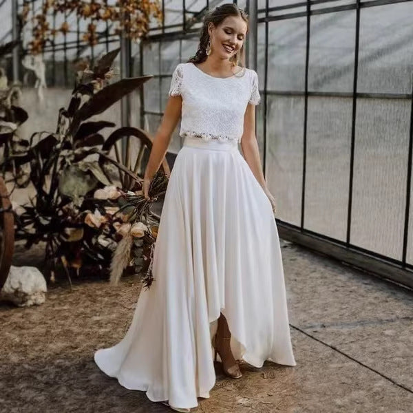 Vestido de novia ligero para fotos de destino, estilo dama de honor de encaje y satén.