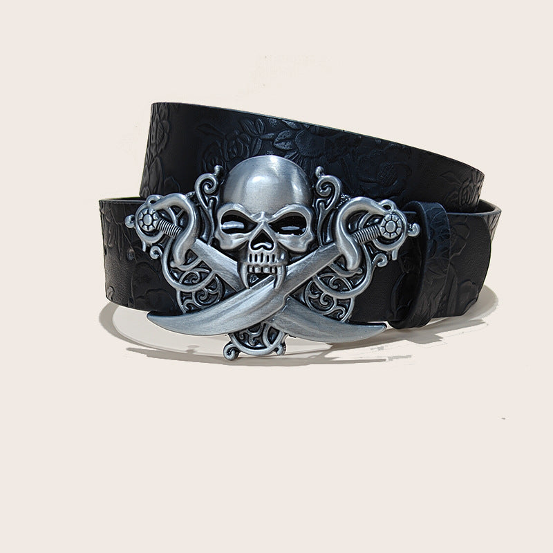 Cinturón de piel sintética personalizado con calavera y rosa en relieve