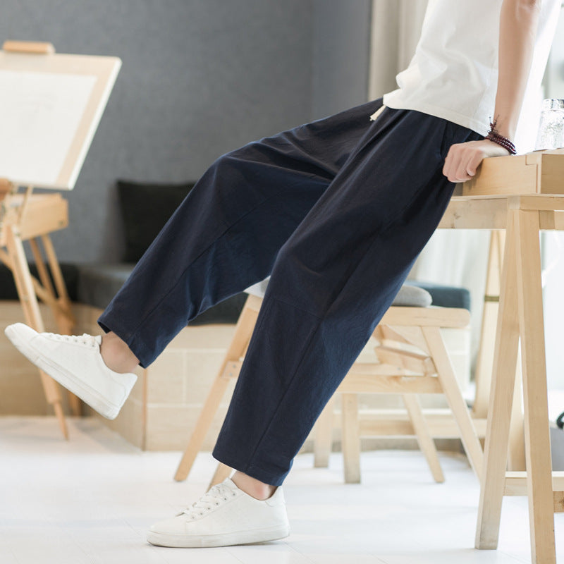 Pantalones casuales de corte recto y holgados de algodón y lino para hombre