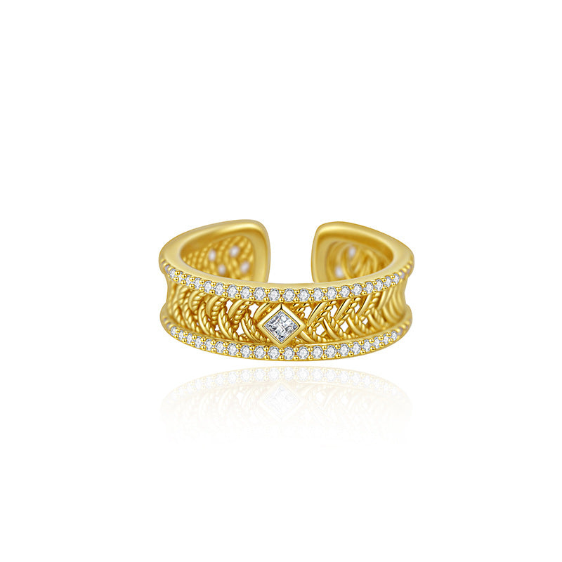 Brocade-Weave Filigree Stud Earrings S925 Sterling Silver Light Luxury High-End Diamond-Inlaid Sand Gold