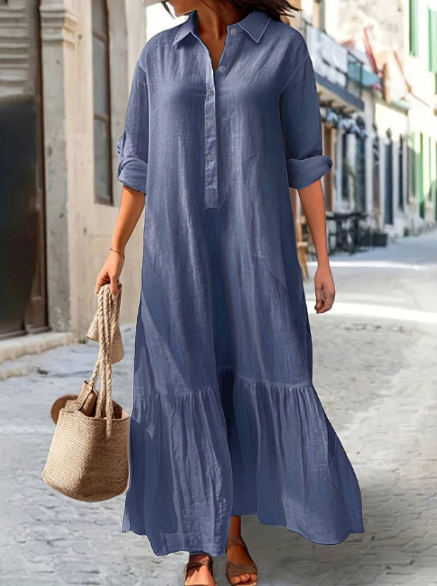 Vestido largo asimétrico de lino y algodón con cuello camisero y botones retorcidos