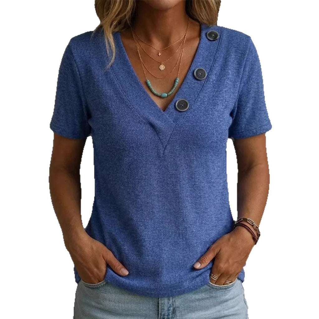 Women's Casual V-Neck Short-Sleeve T-Shirt With Buttons