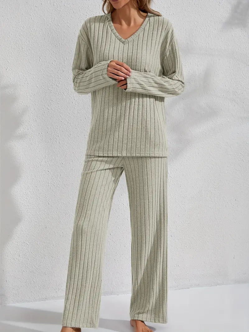 Conjunto de ropa de estar por casa informal y cómoda para mujer con top y pantalón de manga larga acanalados