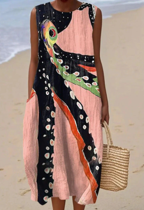 Vestido informal estampado sin mangas con bolsillos y un toque sofisticado