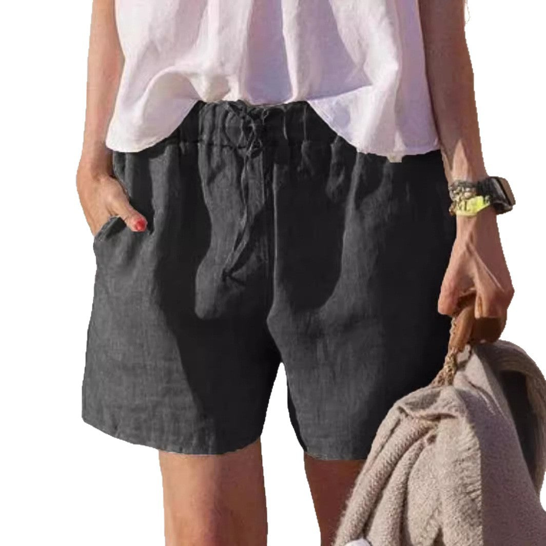 Pantalones casuales holgados de algodón y lino de color liso con cintura elástica y cordón para atar.