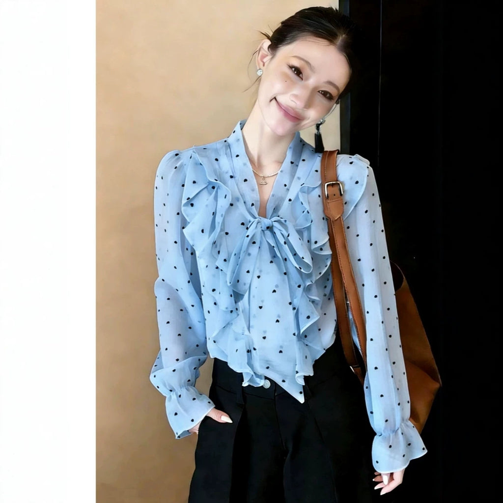 Elegant Polka-Dot Ruffle-Bow Chiffon Shirt