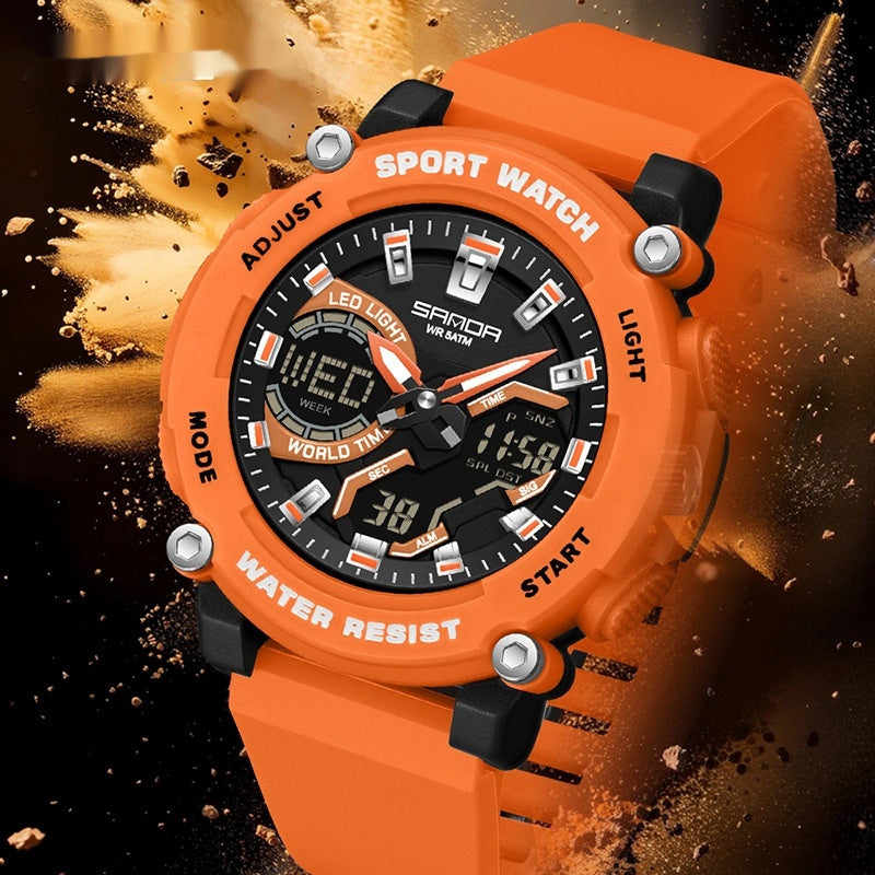 Reloj cronógrafo luminoso de doble pantalla para estudiantes, ideal para senderismo.