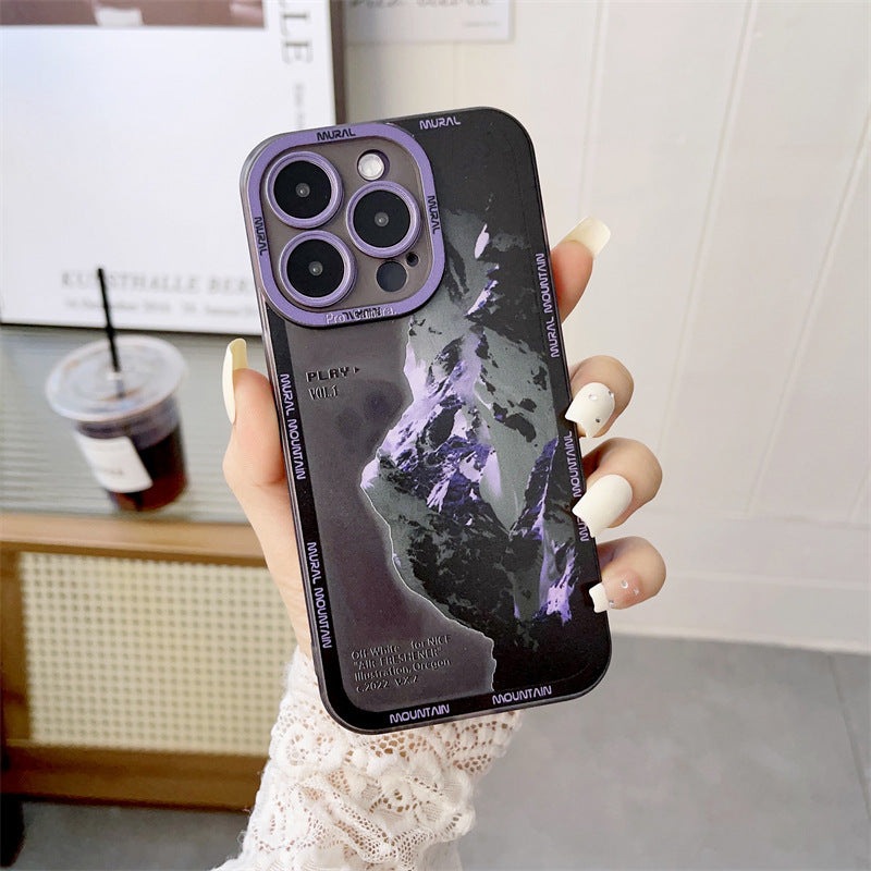 Nueva funda morada oscura para Apple 14 con paisaje de montaña