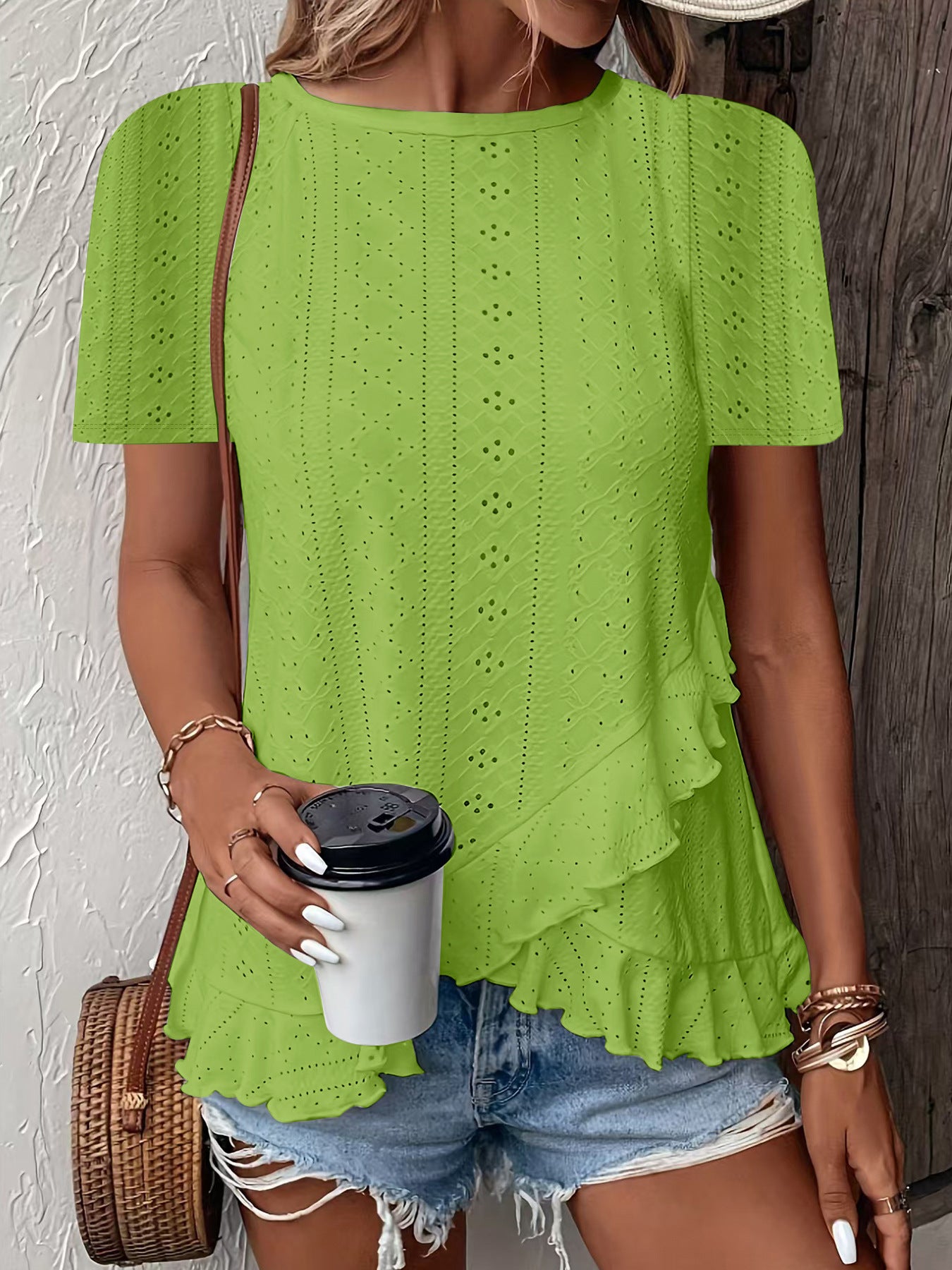 Womens Fashion Casual Solid-color Short-sleeve Crew Neck